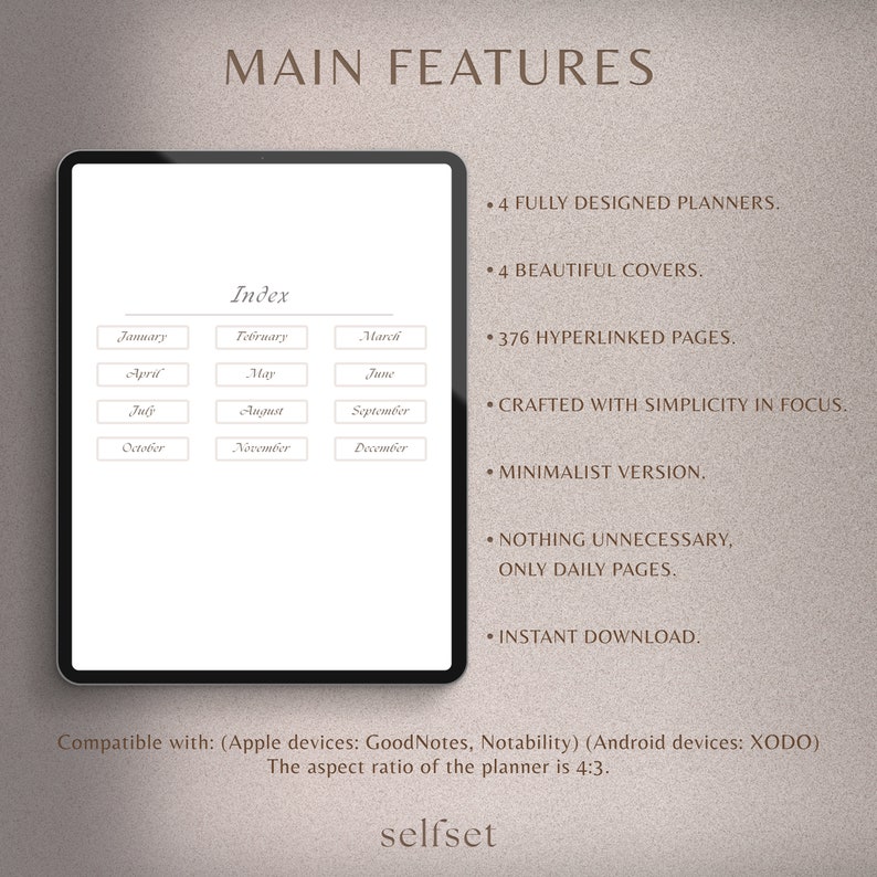 May include: A digital planner displayed on a tablet, featuring an index with month tabs. The image includes the text "MAIN FEATURES" and bullet points highlighting the planner's key aspects, such as fully designed planners, beautiful covers, and instant download.