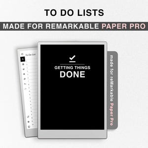 Puede incluir: Un bloc de notas digital en blanco y negro con el texto "GETTING THINGS DONE" en la pantalla. El bloc de notas está etiquetado como "made for reMarkable Paper Pro".