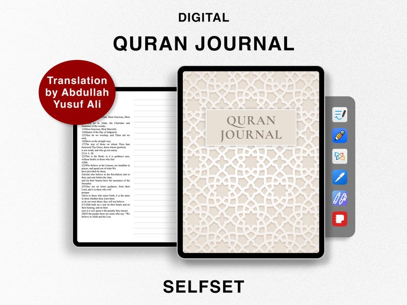Op de afbeelding: Digitaal Koran-journaal met een beige achtergrond en een wit geometrisch patroon. De tekst "Quran Journal" staat in een wit kader op de omslag. Het journaal is bedoeld voor het vastleggen van reflecties en notities over de Koran. De vertaling is van Abdullah Yusuf Ali.