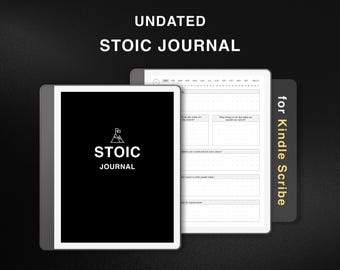 May include: A black and white digital journal cover with the text "UNDATED STOIC JOURNAL for Kindle Scribe" and a logo of a mountain with a flag on top and the text "STOIC JOURNAL".