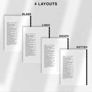 May include: Four different notebook layouts: blank, lined, graph, and dotted. Each layout features a black and white text excerpt from the Quran.