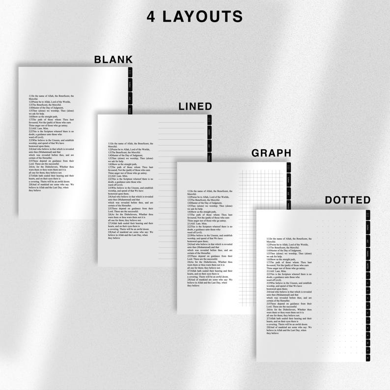 May include: Four different notebook layouts: blank, lined, graph, and dotted. Each layout features a black and white text excerpt from the Quran.