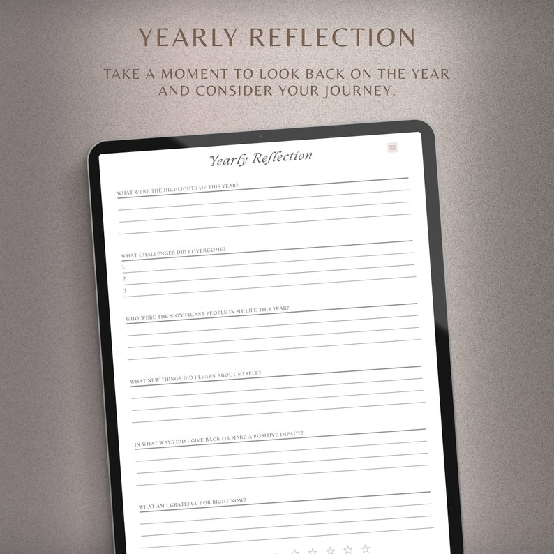 May include: A black and white printable worksheet with the title "Yearly Reflection" and prompts for reflection on the past year, including highlights, challenges, significant people, new things learned, and gratitude.