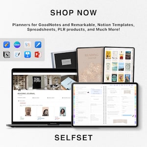 May include: A collection of digital planners and templates for note-taking apps like GoodNotes and Remarkable, as well as Notion, spreadsheets, and PLR products. The image shows a laptop with a reading journal template open, a tablet with a planner template open, and a variety of other digital products.