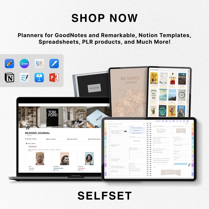 May include: A collection of digital planners and templates for note-taking apps like GoodNotes and Remarkable, as well as Notion, spreadsheets, and PLR products. The image shows a laptop with a reading journal template open, a tablet with a planner template open, and a variety of other digital products.