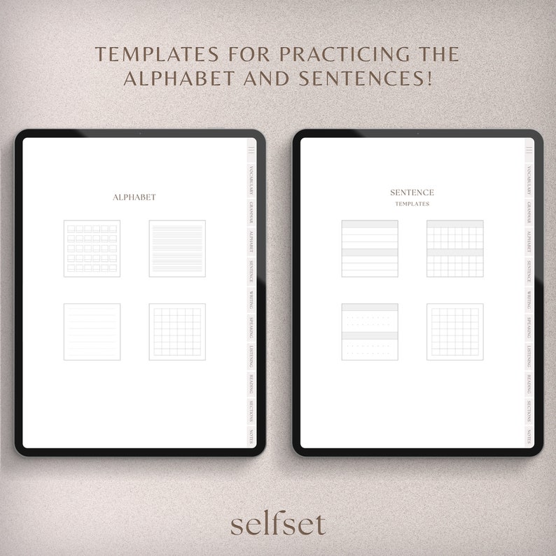 May include: Two digital tablet screens showing templates for practicing the alphabet and sentences. The left screen shows four different grid and lined templates labeled "Alphabet". The right screen shows four different grid and lined templates labeled "Sentence Templates".