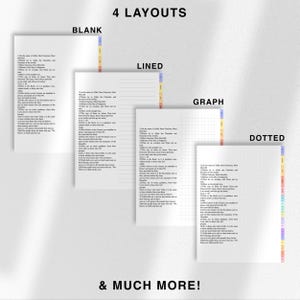 May include: Four different notebook layouts are displayed: blank, lined, graph, and dotted. Each layout features a white page with text. The notebooks have colorful tabs. The text "4 LAYOUTS" and "& MUCH MORE!" are also visible.