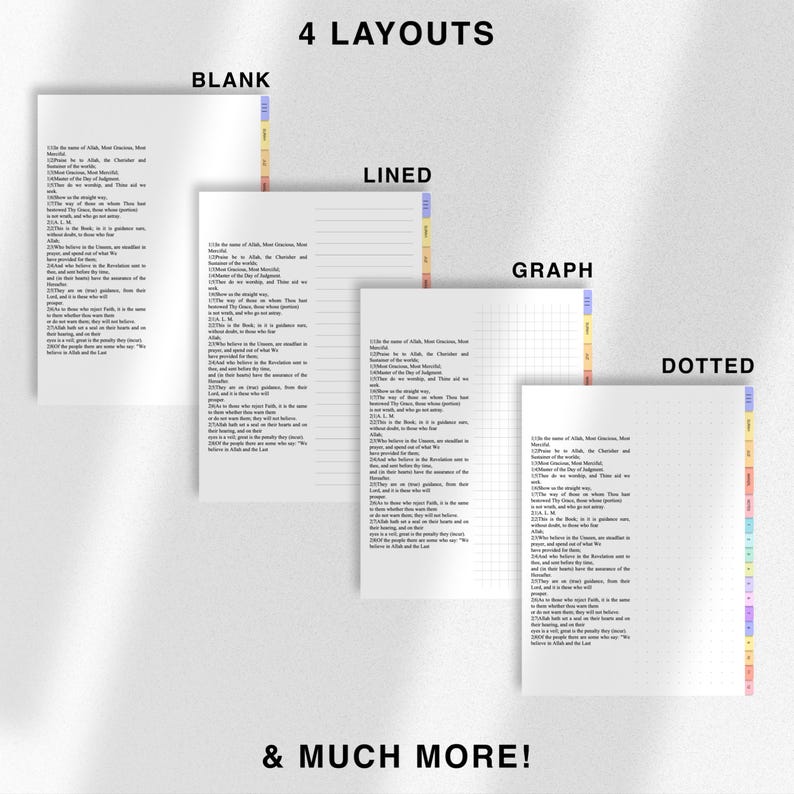 May include: Four different notebook layouts are displayed: blank, lined, graph, and dotted. Each layout features a white page with text. The notebooks have colorful tabs. The text "4 LAYOUTS" and "& MUCH MORE!" are also visible.