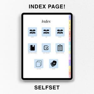 May include: A digital tablet displaying an index page with various icons and text. The screen shows categories like Surah, Juz, Manzil, Gratitude Journal, Habit Tracker, Reading Tracker, Sections, and Notes. The text "INDEX PAGE!" and "SELFSET" are also visible.