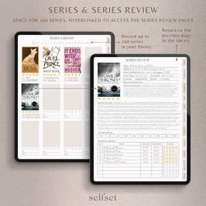 Peut inclure: Deux tablettes num&eacute;riques affichant un mod&egrave;le de revue de s&eacute;rie. L'une montre des couvertures de livres, dont "Dune" et "It Ends With Us". L'autre pr&eacute;sente une revue d&eacute;taill&eacute;e de "A Game of Thrones", avec des barres de progression et une liste de s&eacute;ries.