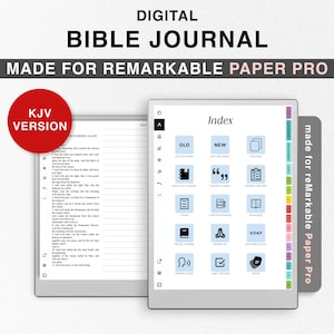 May include: A digital Bible journal for the Remarkable Paper Pro tablet. The journal features a KJV version of the Bible and an index with tabs for Old and New Testaments, scripture references, notes, and more.