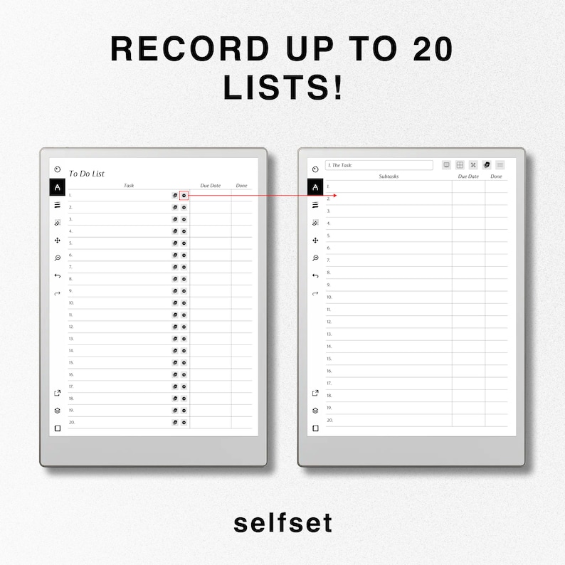 May include: A digital planner with a white background and black text. The planner has a tab that says "To Do List" and another tab that says "The Task". The planner has 20 lines for each list.