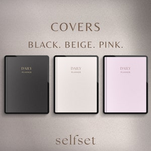 May include: Three daily planners in black, beige, and pink, each with a black border. The text "DAILY PLANNER" is printed in gold on the black planner and in a darker shade on the beige and pink planners. The word "COVERS" is above the planners.
