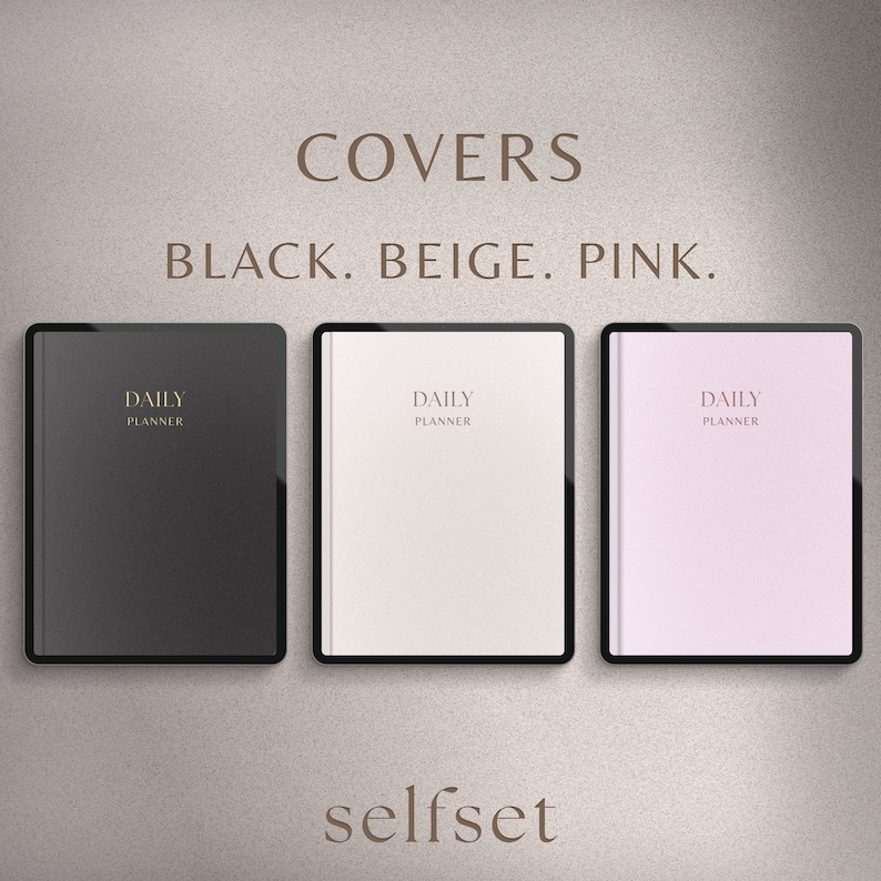 May include: Three daily planners in black, beige, and pink, each with a black border. The text "DAILY PLANNER" is printed in gold on the black planner and in a darker shade on the beige and pink planners. The word "COVERS" is above the planners.