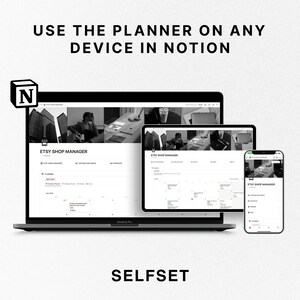 May include: A screenshot of a Notion workspace showing a calendar planner for an Etsy shop manager. The planner is displayed on a laptop, tablet, and smartphone, demonstrating its accessibility across devices. The workspace is titled "Etsy Shop Manager" and includes sections for "Planner", "Listings and Ideas", and "Finances".