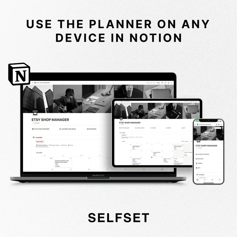 May include: A screenshot of a Notion workspace showing a calendar planner for an Etsy shop manager. The planner is displayed on a laptop, tablet, and smartphone, demonstrating its accessibility across devices. The workspace is titled "Etsy Shop Manager" and includes sections for "Planner", "Listings and Ideas", and "Finances".