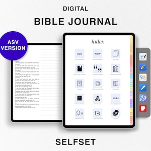 Puede incluir: Diario de la Biblia digital en versión ASV con una página de índice que muestra pestañas para el Antiguo Testamento, el Nuevo Testamento, Diario de las Escrituras, Pensamientos y Versículos, Seguimiento de la Biblia, SOAP, Diario de oración, Lista de memoria, Comunidad, Seguimiento de hábitos, Notas y una barra lateral con iconos para editar y agregar notas.