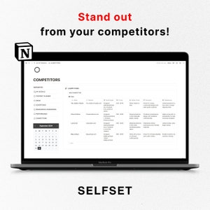 Puede incluir: Una captura de pantalla de una computadora que muestra un sitio web con una lista de competidores. El sitio web se llama "Selfset" y es una herramienta para analizar competidores. El sitio web tiene un calendario, una lista de competidores y una lista de sus fortalezas y debilidades.