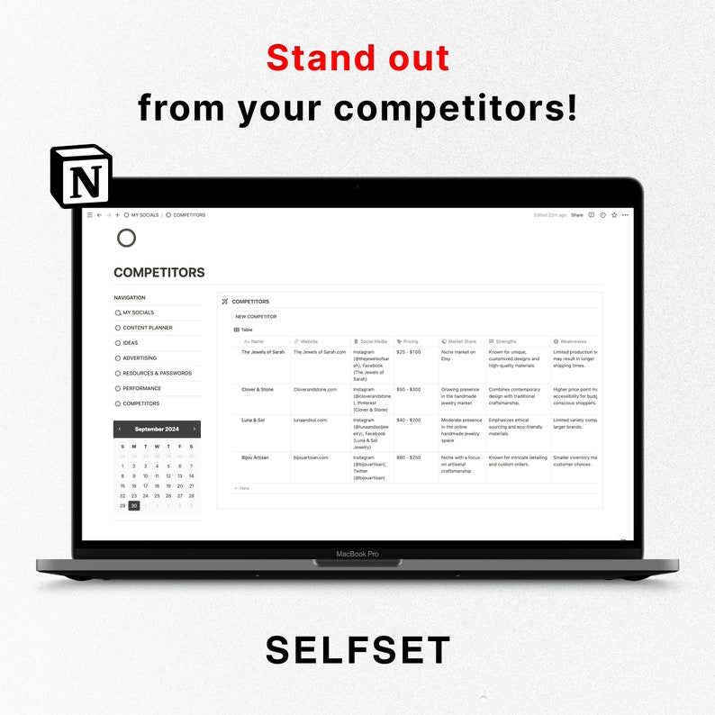 Puede incluir: Una captura de pantalla de una computadora que muestra un sitio web con una lista de competidores. El sitio web se llama "Selfset" y es una herramienta para analizar competidores. El sitio web tiene un calendario, una lista de competidores y una lista de sus fortalezas y debilidades.