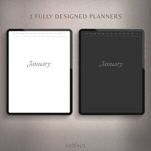 May include: Two digital planners, one with a white background and the other with a black background. Both planners display a calendar overview and the word "January" in a cursive font.