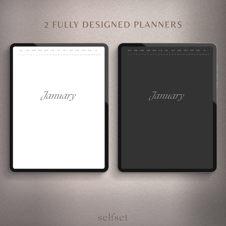 May include: Two digital planners, one with a white background and the other with a black background. Both planners display a calendar overview and the word "January" in a cursive font.