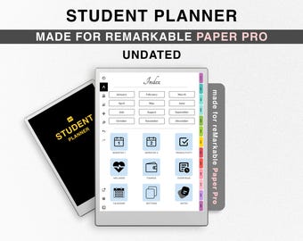 Puede incluir: Un planificador digital para estudiantes, diseñado para la tableta Remarkable Paper Pro. El planificador incluye un calendario mensual, secciones de semestre y rastreadores de productividad. El índice incluye pestañas para cada mes del año, semestre 1, semestre 2, productividad, bienestar, finanzas, resúmenes, calendario, secciones y notas.