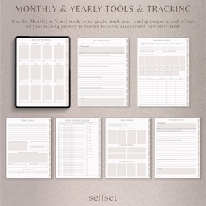 Peut inclure: Un planificateur num&eacute;rique avec des outils mensuels et annuels pour suivre les progr&egrave;s de lecture. Le planificateur comprend des sections pour la lecture mensuelle, les objectifs annuels et les r&eacute;flexions. Le texte dit "MONTHLY & YEARLY TOOLS & TRACKING".
