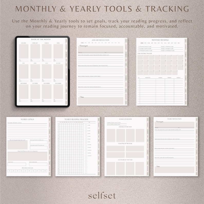 Peut inclure: Un planificateur num&eacute;rique avec des outils mensuels et annuels pour suivre les progr&egrave;s de lecture. Le planificateur comprend des sections pour la lecture mensuelle, les objectifs annuels et les r&eacute;flexions. Le texte dit "MONTHLY & YEARLY TOOLS & TRACKING".