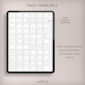 May include: A digital tablet screen displaying a grid of 48 different page templates for note-taking. The templates are labeled with categories such as vocabulary, grammar, alphabet, sentence, writing, speaking, listening, reading, sections, and notes. The text "PAGE TEMPLATES" is at the top of the screen. The text "LINKS TO EACH TEMPLATE" is on the right side of the screen. The text "COPY AND PASTE THESE TEMPLATES BEHIND ANY SECTION YOU'D LIKE TO" is at the bottom right of the screen.