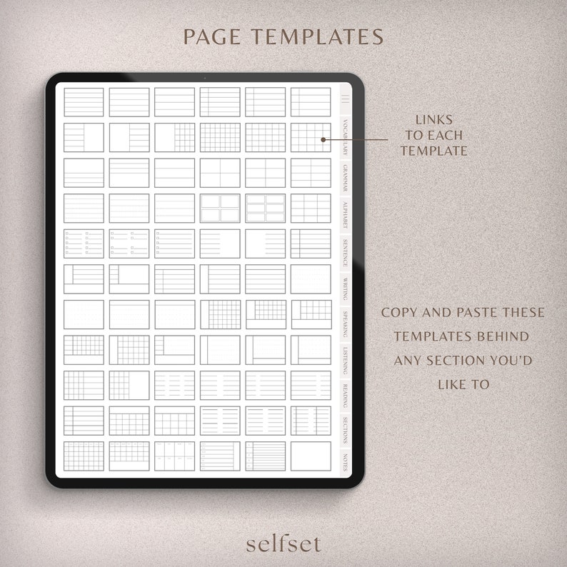 May include: A digital tablet screen displaying a grid of 48 different page templates for note-taking. The templates are labeled with categories such as vocabulary, grammar, alphabet, sentence, writing, speaking, listening, reading, sections, and notes. The text "PAGE TEMPLATES" is at the top of the screen. The text "LINKS TO EACH TEMPLATE" is on the right side of the screen. The text "COPY AND PASTE THESE TEMPLATES BEHIND ANY SECTION YOU'D LIKE TO" is at the bottom right of the screen.