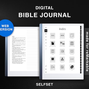 May include: A digital Bible journal app interface with a white background and black icons. The app is designed for the reMarkable tablet. The app includes an index with tabs for Old and New Testaments, as well as sections for notes, verses, and other features.