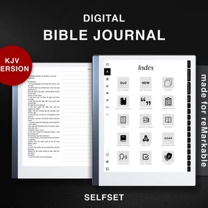 May include: A digital Bible journal with a black and white interface. The journal is open to a page with an index of the Bible, including Old and New Testaments. The journal is made for the reMarkable tablet and features a KJV version.