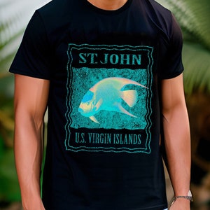 May include: Black t-shirt with a vintage-style graphic of a blue and green fish with the text "ST. JOHN U.S. VIRGIN ISLANDS"