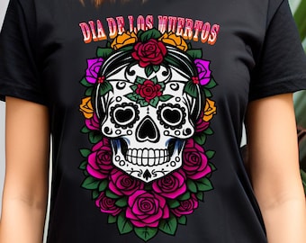 May include: Black t-shirt with a colorful sugar skull graphic and the text "Dia de los Muertos".