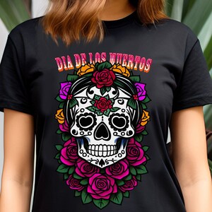 Dia de los Muertos tshirt, Day of the Dead tshirt, colorful skull, flowers, celebrate ancestors, skull art, decorated skull, Mexican holiday