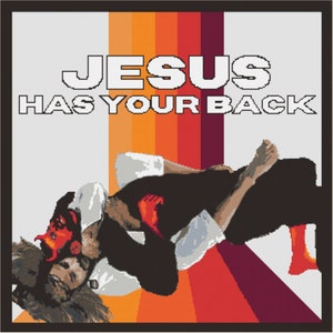 May include: Cross-stitch design with the text "JESUS HAS YOUR BACK" in white block letters. The image features a person in a black shirt and white pants, with a red devil mask. The background has vertical stripes of white, orange, and red.