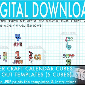 Alphabet Lore Calendar Cube Cutout Papercraft Templates, 2 pages, 5 cubes