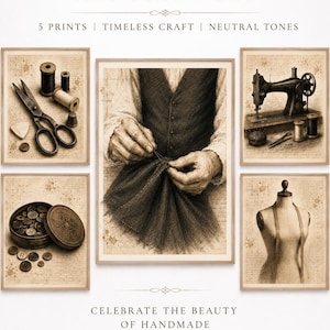 Vintage Sewing Art Print Set, Tailor Dress Form Machine Wall Art (Digital Download)