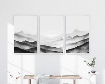 Black and White Mountain Landscape Triptych – Minimalist Ink Wall Art (Digital Download)
