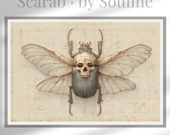 Scarab Wall Art, Vintage Beetle Illustration, Symbolic Insect Art, Minimal Nature Print, Neutral Wall Decor, Digital Download