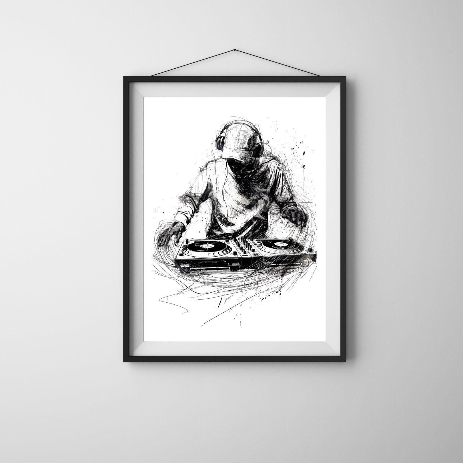 DJ Turntable Poster | Modern Ink Sketch, Minimalist Music Art (digital ...