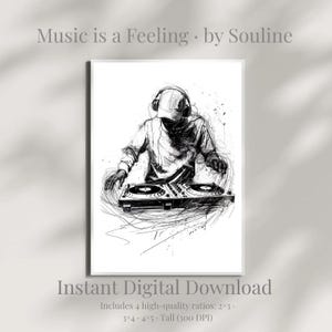 DJターンテーブルポスター｜モダンインクスケッチ、ミニマリストミュージックアート（デジタルダウンロード）