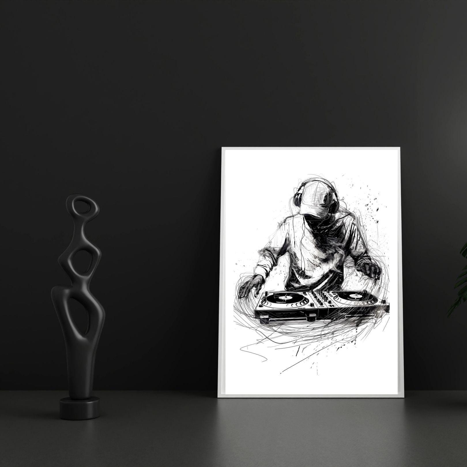 DJ Turntable Poster | Modern Ink Sketch, Minimalist Music Art (digital ...