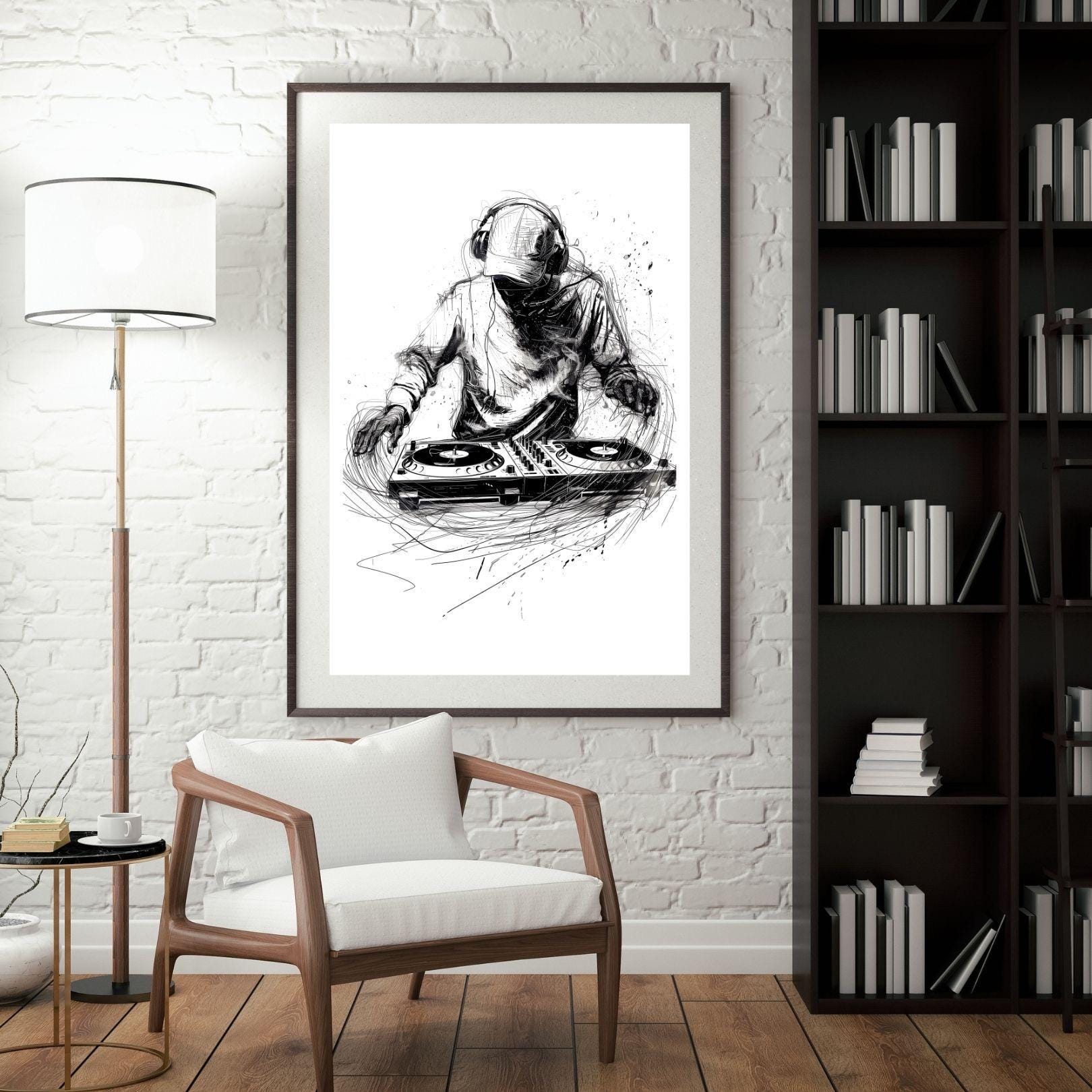 DJ Turntable Poster | Modern Ink Sketch, Minimalist Music Art (digital ...