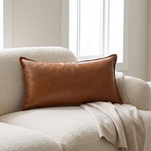 Funda de almohada lumbar de cuero color coñac, cojín decorativo liso marrón claro, decoración de cama 14x26