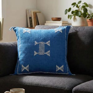 Indigo Blue Sabra Pillow Cover, Authentic Moroccan Cactus Silk Cushion