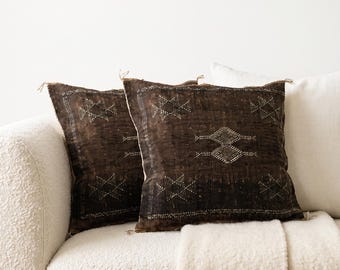 Moroccan Cactus Silk Pillow Cover 20x20, Earth Brown Sabra Cushion, Boho Handwoven Decor