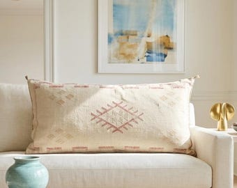 Moroccan Cactus Silk Lumbar Pillow Cover 36x16, Cream Sabra Cushion, Boho Ivory Decor