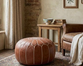Tan Leather Pouf Authentic Moroccan Floor Cushion Unstuffed Boho White Embroidered Footstool
