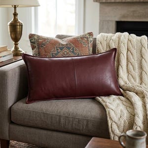 Oxblood Leather Lumbar Pillow Cover, Plain Burgundy Rectangular Cushion 14x26